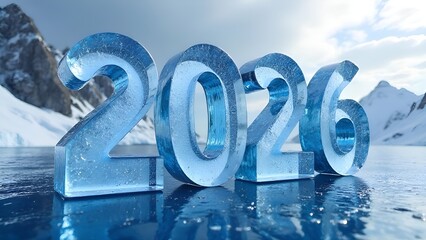 The year 2026 is made of ice. 2026 is on the ice. Mountains and bright blue skies are visible all around.