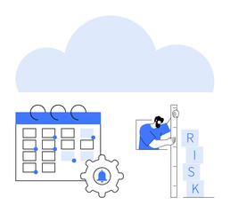 Calendar with marked events, notification gear, person measuring risk blocks, and cloud graphic. Ideal for planning, scheduling, risk management, teamwork, decision-making analytics simple landing