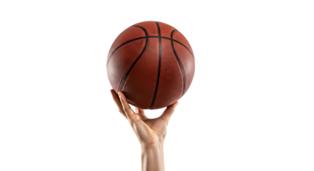 Basketball balanced on fingertips, isolated on transparent background
