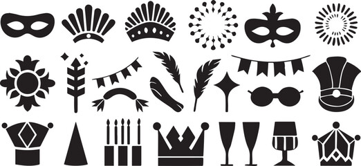 Festival Icons for Mardi Gras with Mask Drum Trumpet and Beads