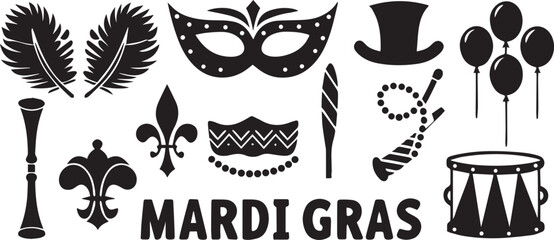 Mardi Gras Festival Thin Line Icons with Jester Hat and Instruments © MD.Kawsar Hossan