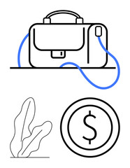 Business bag with USB cable, coin with dollar sign, and leafy plant element. Ideal for business, finance, technology, travel, remote work, minimalism simple landing page