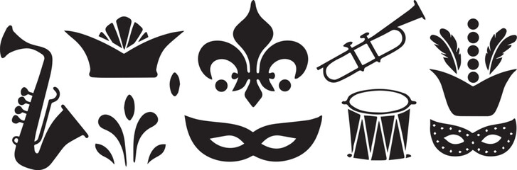 Cultural Mardi Gras Icon Pack with Jazz Instruments and Masquerade Mask © MD.Kawsar Hossan