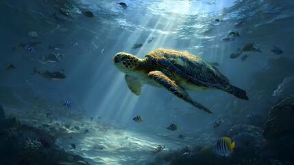 Fototapeta premium A serene sea turtle gracefully gliding through vibrant coral reefs under sunlit waters