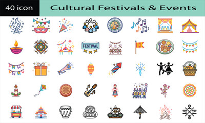 Cultural Festival & Celebration Icons – Traditional Vector Pack, Festival Symbol Collection, Event Celebration Line Icons, Traditional Culture Vector Set