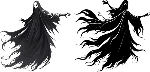 Mysterious Cloaked Figure Silhouette with Spooky Tendrils Vector