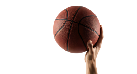 Hand gripping a basketball vertically, isolated on transparent background