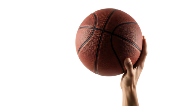 Hand gripping a basketball vertically, isolated on transparent background