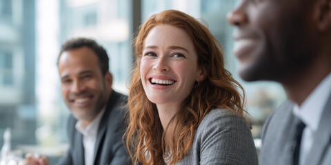 Professionals engaged in lively discussion during a business meeting in a modern office setting with large windows