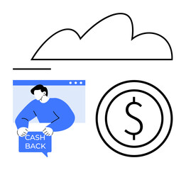 Man holding cashback note in a browser window, cloud symbol above, dollar icon. Ideal for finance, e-commerce, digital savings, rewards, online transactions, cloud solutions simple landing page