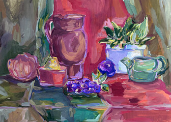 Still life with fruit, a pitcher and some drapery. Traditional painting on paper