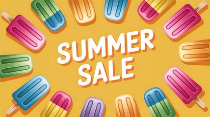Colorful summer sale background with popsicle border on a bright yellow backdrop