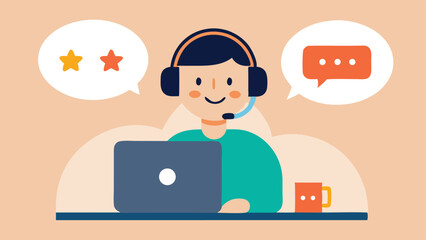 Happy customer service agent working on laptop with positive feedback