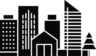 Black Silhouette of Cityscape with Buildings, House, and Tree on White Background