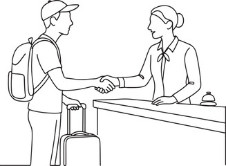 Tourist Talking to Hotel Reception Line Drawing