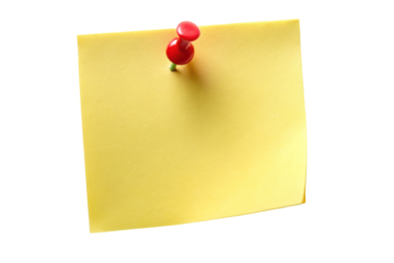 Yellow Sticky Post-It Note with Red Pushpin Isolated on Transparent Background

