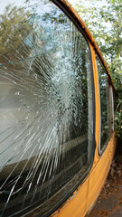 Close-up of a broken car windshield with numerous cracks and cobwebs.