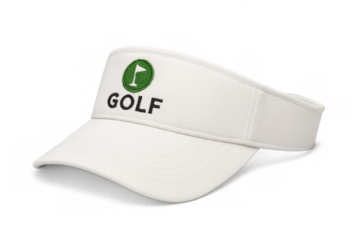 White golf visor with embroidered green logo on transparent background