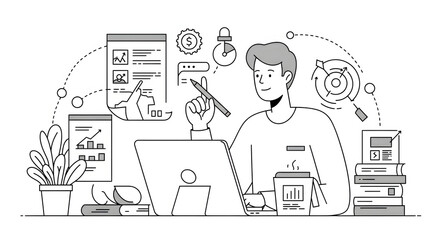 Modern Male Professional Working at Desk with Digital Charts and Data Visualizations