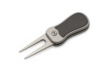 Golf divot tool with black handle on transparent background