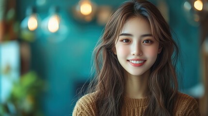 Naklejka premium Smiling woman in cafe with blurred background lights