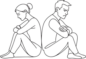 Sad Couple Sitting Back to Back One Line Illustration
