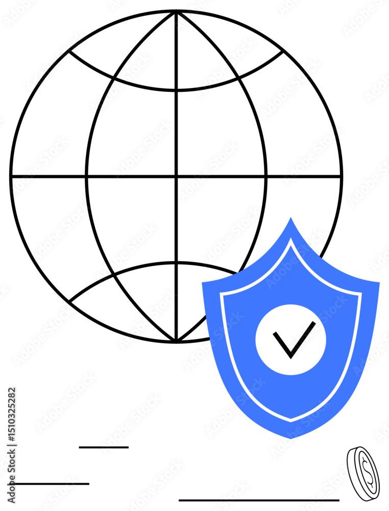 Poster globe with grid lines and a blue shield featuring a checkmark. ideal for data security, online safet