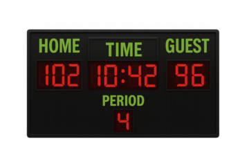 Basketball scoreboard showing fourth quarter with home team winning on transparent background