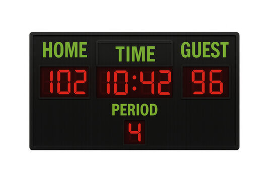 Basketball scoreboard showing fourth quarter with home team winning on transparent background