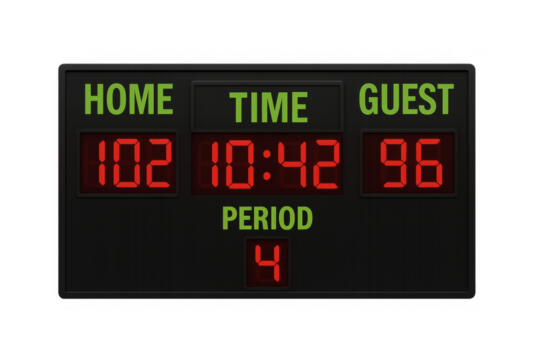 Basketball scoreboard showing fourth quarter with home team winning on transparent background