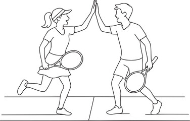 Tennis Duo High Five Gesture on Grass Court Line Art