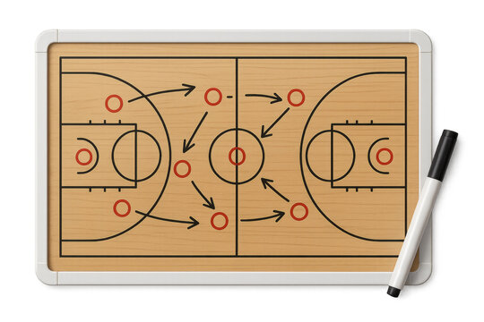 Basketball strategy and tactics drawn on tactical board with marker pen
