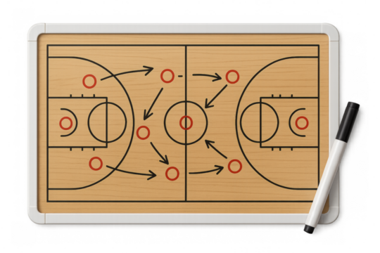 Basketball strategy and tactics drawn on tactical board with marker pen
