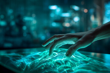 High-tech interaction with holographic projection during a futuristic demonstration in a scientific lab