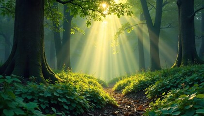 Obraz premium Sunbeams dappling a secluded forest floor, lush undergrowth, and a sense of quiet mystery Perfect for nature, fantasy, or fairytale themes , leaves, magical, ground