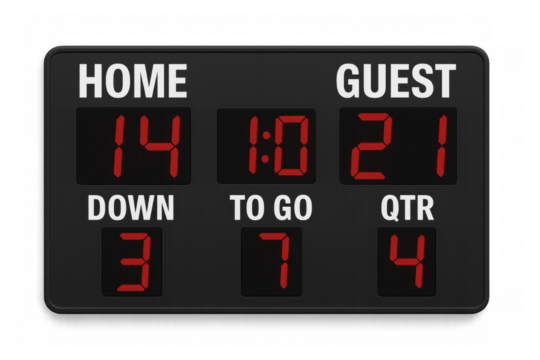 Digital scoreboard showing the fourth quarter of a sports game with transparent background