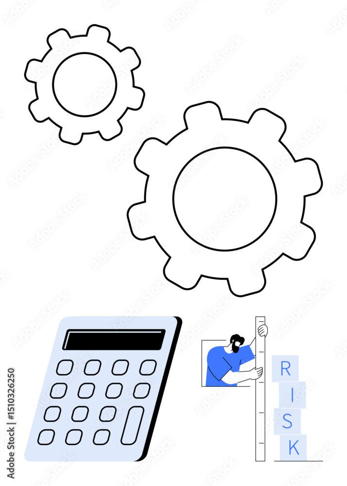 Poster gears and calculator represent system analysis a man stacking blocks labeled risk symbolizes assessm