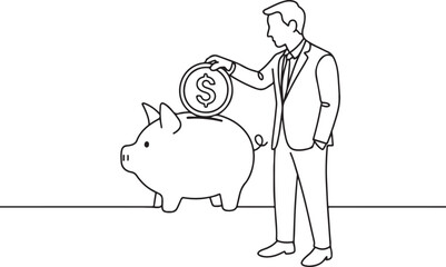 Businessman Putting Coin in Piggy Bank Line Drawing