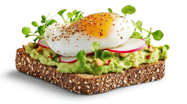 Avocado toast with poached egg, radish, and sprouts