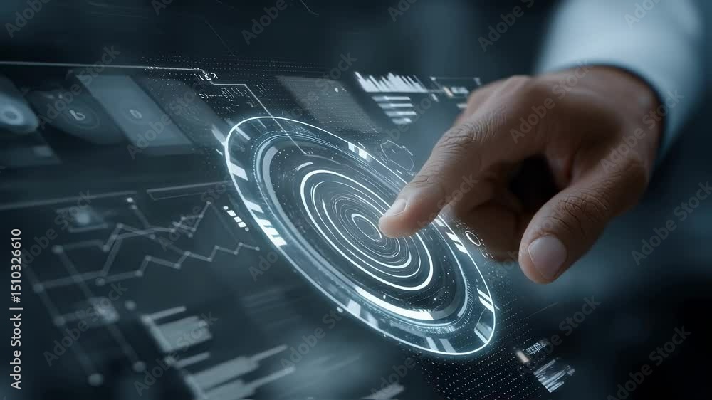 Aufkleber businessman interacting with advanced digital interface, activating central control hub displaying d