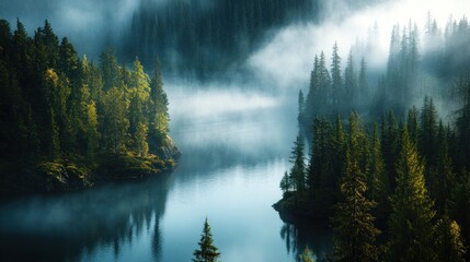 Misty morning landscape over a serene mountain lake with dense evergreen forests.