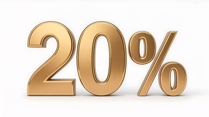 A close up of a golden twenty percent symbol on a white background in high resolution