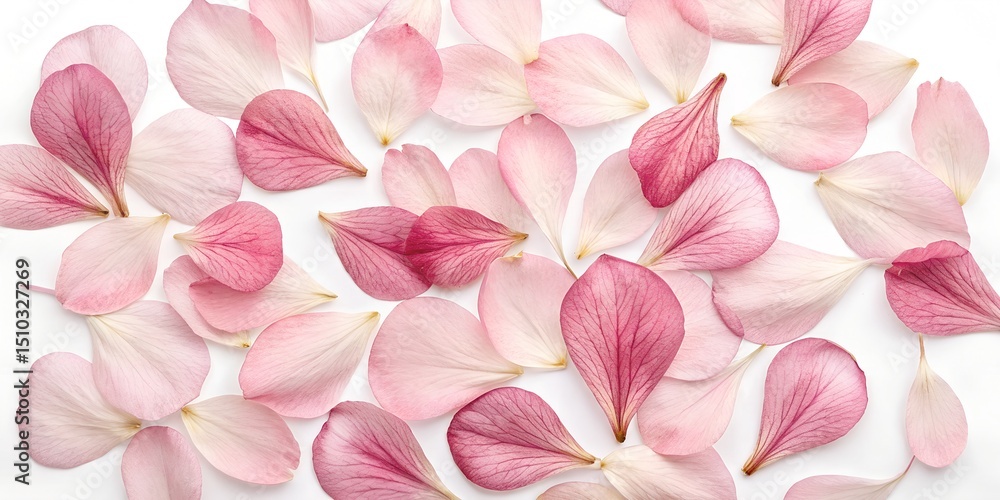 Poster delicate petals scatter across a serene surface, creating a harmonious blend of soft pinks and white