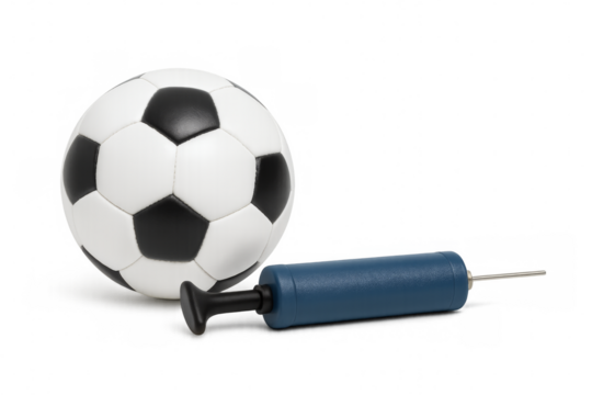 Inflating soccer ball with hand pump on transparent background