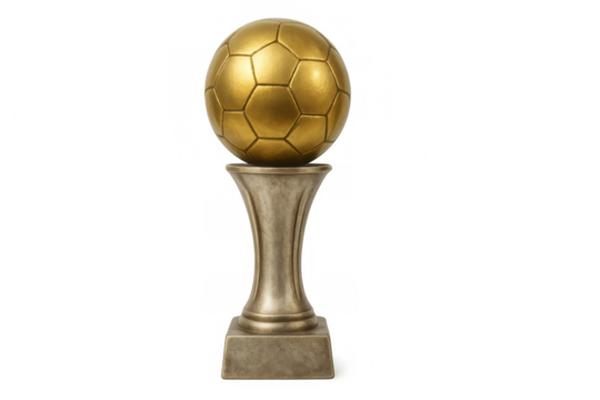 Golden soccer ball trophy celebrating victory on transparent background