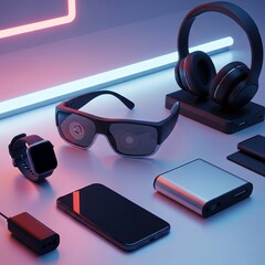 Gen AI futuristic gadgets, technology background, innovation concept, wearable technology, AR glasses, digital future, technological still life, artificial intelligence interface mockup