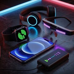 Gen AI futuristic gadgets, technology background, innovation concept, wearable technology, AR glasses, digital future, technological still life, artificial intelligence interface mockup