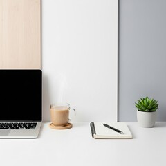 Gen AI Modern workplace without people work desk at home
﻿﻿Laptop
﻿﻿Cup of coffee or tea
﻿﻿Notepad, pen
﻿﻿Small plant