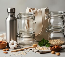 Gen AI eco-items metal bottle, a wooden brush, a cloth bag, glass jars with products. Reusable bottle, bamboo brush Natural materials: wood, linen, cotton
nuts, cereals health of the planet