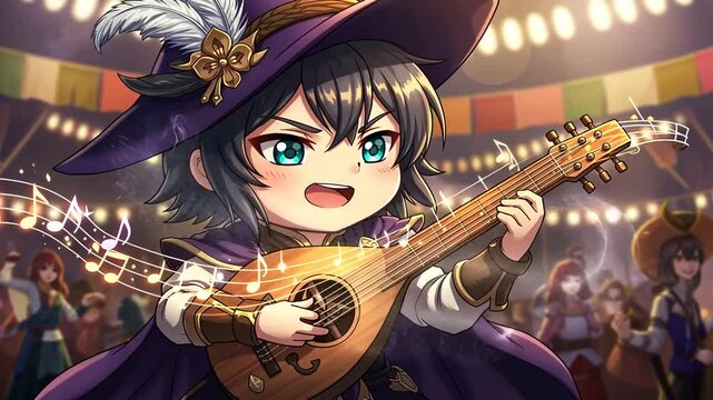 Animated Child Musician Playing Lute at a Festive Night Market